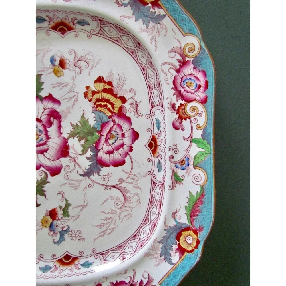 Antique Cauldon England Bentinck Turquoise Transferware Platter Victorian c1900